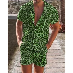 Clearance OUKU Men's Leopard 2pcs Shirts Sets Summer Hawaiian Shirt Short Sleeve Short Pants Turndown Tropical Fashion Hawaiian Casual Holiday Beach Print Summer Spring Blue Purple Brown