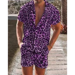 Clearance OUKU Men's Leopard 2pcs Shirts Sets Summer Hawaiian Shirt Short Sleeve Short Pants Turndown Tropical Fashion Hawaiian Casual Holiday Beach Print Summer Spring Blue Purple Brown