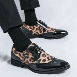 OUKU Men's Leopard Print Oxford Shoes - Patent Faux Leather Accents with Brogue Detailing for Formal and Party Occasions