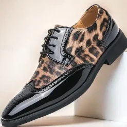 OUKU Men's Leopard Print Oxford Shoes - Patent Faux Leather Accents with Brogue Detailing for Formal and Party Occasions