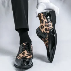 OUKU Men's Leopard Print Oxford Shoes - Patent Faux Leather Accents with Brogue Detailing for Formal and Party Occasions