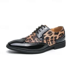 OUKU Men's Leopard Print Oxford Shoes - Patent Faux Leather Accents with Brogue Detailing for Formal and Party Occasions