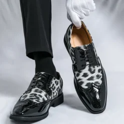 OUKU Men's Leopard Print Oxford Shoes - Patent Faux Leather Accents with Brogue Detailing for Formal and Party Occasions