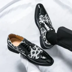 OUKU Men's Leopard Print Oxford Shoes - Patent Faux Leather Accents with Brogue Detailing for Formal and Party Occasions