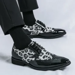 OUKU Men's Leopard Print Oxford Shoes - Patent Faux Leather Accents with Brogue Detailing for Formal and Party Occasions