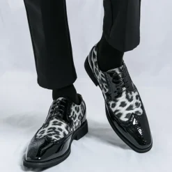 OUKU Men's Leopard Print Oxford Shoes - Patent Faux Leather Accents with Brogue Detailing for Formal and Party Occasions