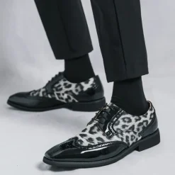 OUKU Men's Leopard Print Oxford Shoes - Patent Faux Leather Accents with Brogue Detailing for Formal and Party Occasions