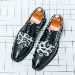 OUKU Men's Leopard Print Oxford Shoes - Patent Faux Leather Accents with Brogue Detailing for Formal and Party Occasions