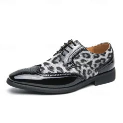 OUKU Men's Leopard Print Oxford Shoes - Patent Faux Leather Accents with Brogue Detailing for Formal and Party Occasions
