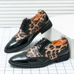 OUKU Men's Leopard Print Oxford Shoes - Patent Faux Leather Accents with Brogue Detailing for Formal and Party Occasions