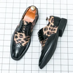 OUKU Men's Leopard Print Oxford Shoes - Patent Faux Leather Accents with Brogue Detailing for Formal and Party Occasions