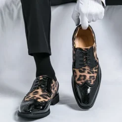 OUKU Men's Leopard Print Oxford Shoes - Patent Faux Leather Accents with Brogue Detailing for Formal and Party Occasions