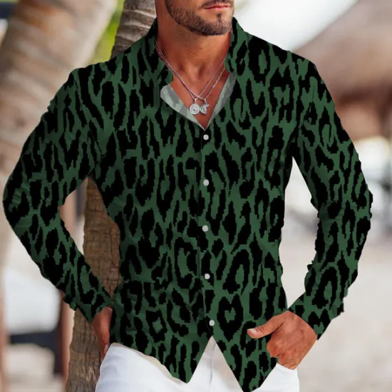 Online OUKU Men's Leopard Shirt Button Up Shirt Long Sleeve Tropical Fashion Designer Outdoor Casual Daily Fall & Winter Turndown Print Button-Down White Yellow Blue Green