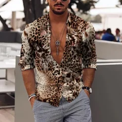 Hot OUKU Men's Leopard Shirt Button Up Shirt Long Sleeve Fashion Designer Casual Outdoor Vacation Daily Spring & Summer Stand Collar 3D Print Button-Down Black Red Purple Brown Green