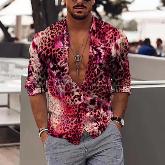 Hot OUKU Men's Leopard Shirt Button Up Shirt Long Sleeve Fashion Designer Casual Outdoor Vacation Daily Spring & Summer Stand Collar 3D Print Button-Down Black Red Purple Brown Green