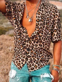 Online OUKU Men's Leopard Shirt Button Up Shirt Short Sleeve Sports Fashion Streetwear Casual Daily Holiday Summer Spring Turndown Print Button-Down Brown