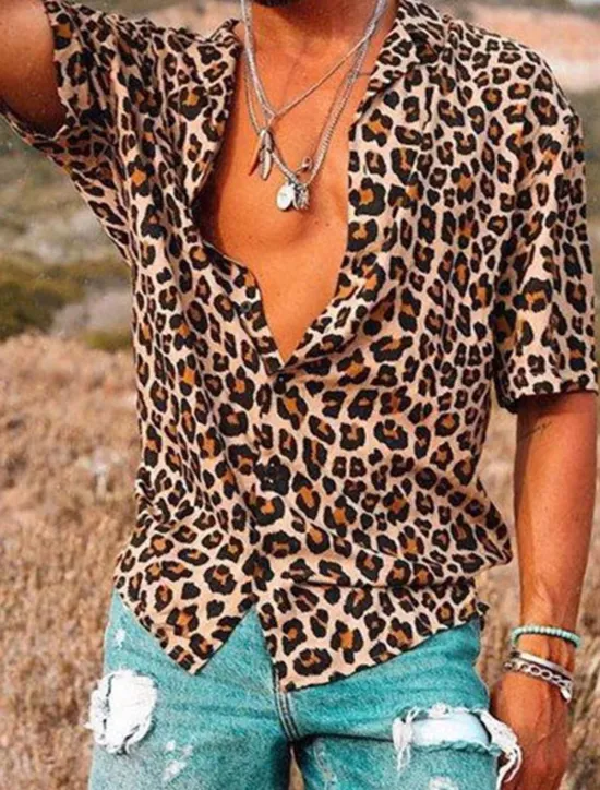 Online OUKU Men's Leopard Shirt Button Up Shirt Short Sleeve Sports Fashion Streetwear Casual Daily Holiday Summer Spring Turndown Print Button-Down Brown