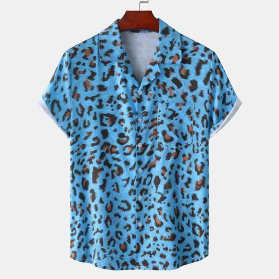 Clearance OUKU Men's Leopard Shirt Button Up Shirt Short Sleeve Tropical Hawaiian Designer Casual Daily Holiday Turndown Black / Gray White Pink Navy Blue Blue