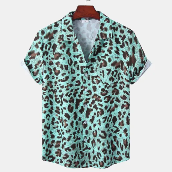 Clearance OUKU Men's Leopard Shirt Button Up Shirt Short Sleeve Tropical Hawaiian Designer Casual Daily Holiday Turndown Black / Gray White Pink Navy Blue Blue