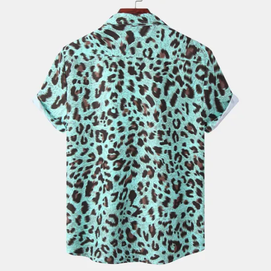 Clearance OUKU Men's Leopard Shirt Button Up Shirt Short Sleeve Tropical Hawaiian Designer Casual Daily Holiday Turndown Black / Gray White Pink Navy Blue Blue