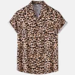 Clearance OUKU Men's Leopard Shirt Button Up Shirt Short Sleeve Tropical Hawaiian Designer Casual Daily Holiday Turndown Black / Gray White Pink Navy Blue Blue