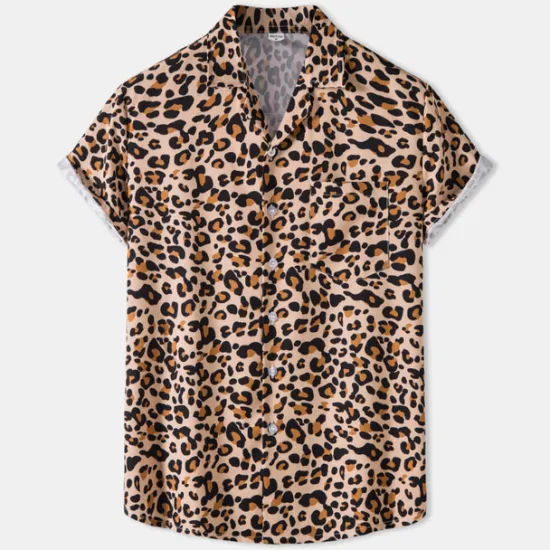 Clearance OUKU Men's Leopard Shirt Button Up Shirt Short Sleeve Tropical Hawaiian Designer Casual Daily Holiday Turndown Black / Gray White Pink Navy Blue Blue