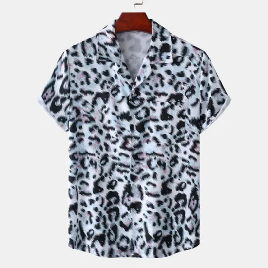 Clearance OUKU Men's Leopard Shirt Button Up Shirt Short Sleeve Tropical Hawaiian Designer Casual Daily Holiday Turndown Black / Gray White Pink Navy Blue Blue