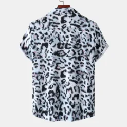 Clearance OUKU Men's Leopard Shirt Button Up Shirt Short Sleeve Tropical Hawaiian Designer Casual Daily Holiday Turndown Black / Gray White Pink Navy Blue Blue