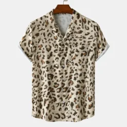 Clearance OUKU Men's Leopard Shirt Button Up Shirt Short Sleeve Tropical Hawaiian Designer Casual Daily Holiday Turndown Black / Gray White Pink Navy Blue Blue