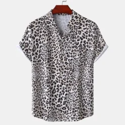 Clearance OUKU Men's Leopard Shirt Button Up Shirt Short Sleeve Tropical Hawaiian Designer Casual Daily Holiday Turndown Black / Gray White Pink Navy Blue Blue