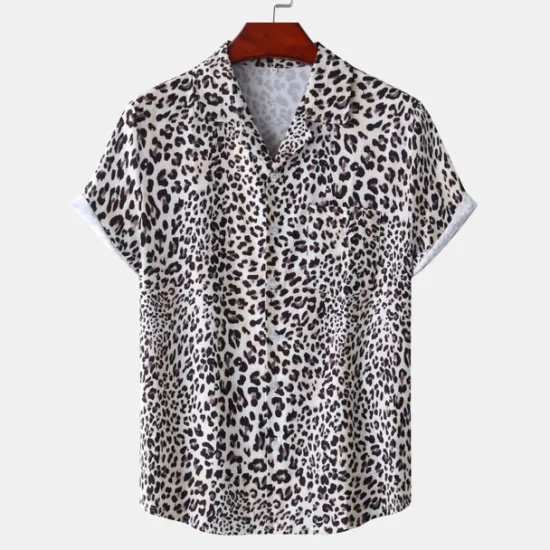 Clearance OUKU Men's Leopard Shirt Button Up Shirt Short Sleeve Tropical Hawaiian Designer Casual Daily Holiday Turndown Black / Gray White Pink Navy Blue Blue