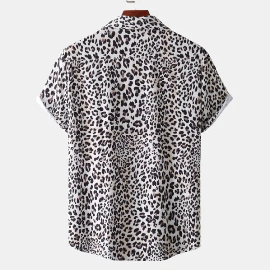 Clearance OUKU Men's Leopard Shirt Button Up Shirt Short Sleeve Tropical Hawaiian Designer Casual Daily Holiday Turndown Black / Gray White Pink Navy Blue Blue