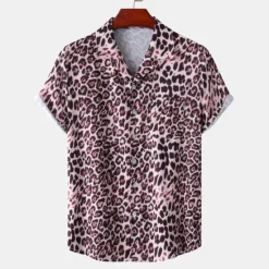 Clearance OUKU Men's Leopard Shirt Button Up Shirt Short Sleeve Tropical Hawaiian Designer Casual Daily Holiday Turndown Black / Gray White Pink Navy Blue Blue