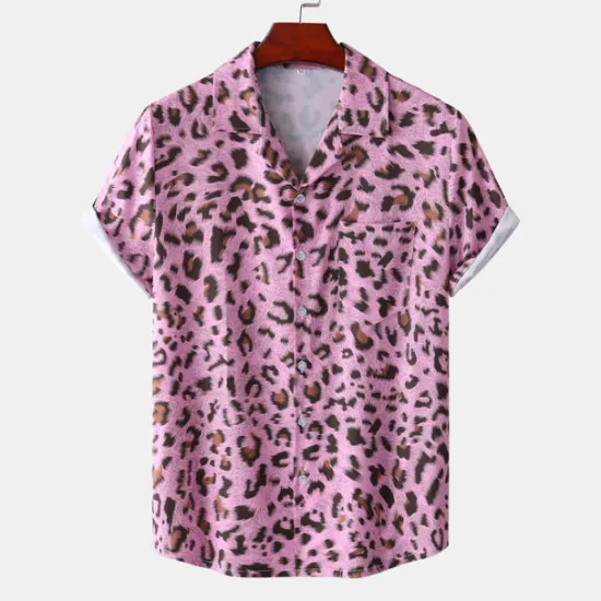 Clearance OUKU Men's Leopard Shirt Button Up Shirt Short Sleeve Tropical Hawaiian Designer Casual Daily Holiday Turndown Black / Gray White Pink Navy Blue Blue