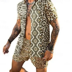 Best OUKU Men's Leopard Zebra 2pcs Shirts Sets Summer Hawaiian Shirt Short Sleeve Short Pants Turndown Fashion Hawaiian Casual Outdoor Vacation Beach 3D Print Button-Down Summer Spring Black Yellow Pink