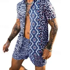 Best OUKU Men's Leopard Zebra 2pcs Shirts Sets Summer Hawaiian Shirt Short Sleeve Short Pants Turndown Fashion Hawaiian Casual Outdoor Vacation Beach 3D Print Button-Down Summer Spring Black Yellow Pink