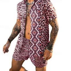 Best OUKU Men's Leopard Zebra 2pcs Shirts Sets Summer Hawaiian Shirt Short Sleeve Short Pants Turndown Fashion Hawaiian Casual Outdoor Vacation Beach 3D Print Button-Down Summer Spring Black Yellow Pink