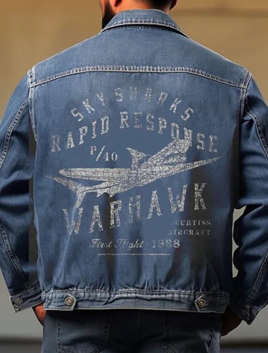 New OUKU Men's Letter Airplane Coat Jean Jacket Denim Jacket Breathable Comfortable Casual Sports & Outdoor Going out Weekend Buttons Print Fall & Winter Turndown Long Sleeve Black Blue