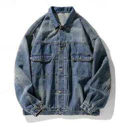 Outlet OUKU Men's Letter Coat Jean Jacket Denim Jacket Breathable Comfortable Vintage Casual Sports & Outdoor Going out Weekend Buttons Print Fall & Winter Turndown Long Sleeve Black Blue