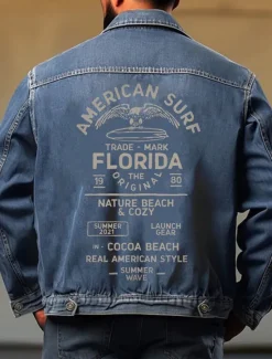 OUKU Men's Letter Coat Jean Jacket Denim Jacket Breathable Comfortable Casual Sports & Outdoor Going out Weekend Buttons Print Fall & Winter Turndown Long Sleeve Black Blue