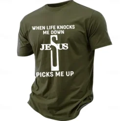 Outlet OUKU Men's Letter Cross Jesus T Shirt Tee Top 100% Cotton Short Sleeve Graphic Shirt Black Army Green Dark Blue Comfortable Tee Street Sports Outdoor Fashion Designer Clothing