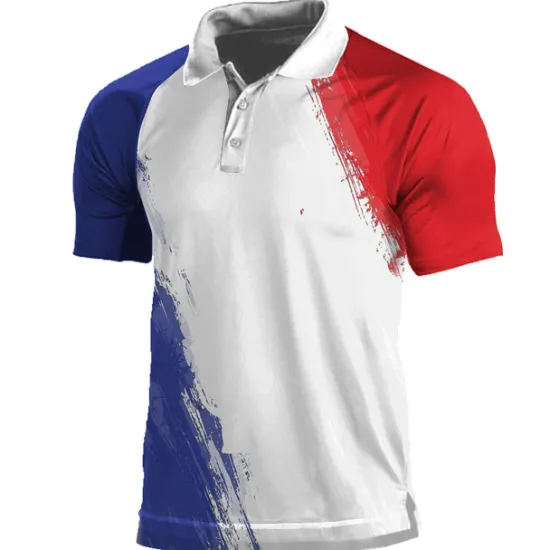 New OUKU Men's Letter Eiffel Tower Graphic Prints Veterans Patriotic Polo Shirts Lapel Polo Button Up Polos Golf Shirt Short Sleeves Shirt Turndown Outdoor Street White Wine Red Blue Print Clothing Apparel