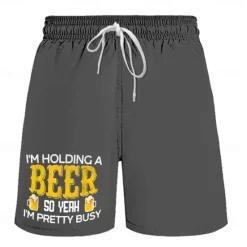 Hot OUKU Men's Letter Funny Beer Swim Trunks Swim Shorts Board Shorts Mid Waist Hawaiian Casual Holiday Beach Drawstring with Mesh lining Elastic Waist Designer Clothing Apparel Grey