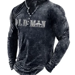 Clearance OUKU Men's Letter Graphic Prints T shirt Henley Shirt Long Sleeve Hot Stamping Designer Basic Modern Contemporary Vacation Street Going out Spring & Fall Black Red Navy Blue Green Army Green Crew Neck