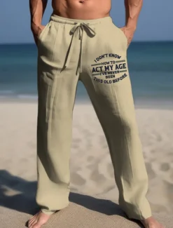 Discount OUKU Men's Letter Graphic Prints Trousers Summer Pants Beach Pants Mid Waist Streetwear Hawaiian Designer Casual Daily Holiday Drawstring Elastic Waist 3D Print Spring & Summer 3D Print White Khaki