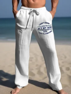Discount OUKU Men's Letter Graphic Prints Trousers Summer Pants Beach Pants Mid Waist Streetwear Hawaiian Designer Casual Daily Holiday Drawstring Elastic Waist 3D Print Spring & Summer 3D Print White Khaki