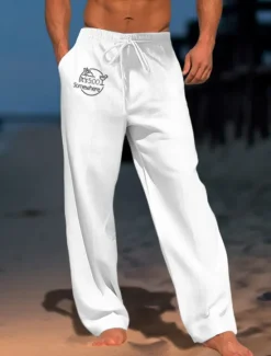 Hot OUKU Men's Letter Graphic Prints Trousers Summer Pants Beach Pants Mid Waist Streetwear Hawaiian Designer Casual Daily Holiday Drawstring Elastic Waist 3D Print Spring & Summer 3D Print White Light Green
