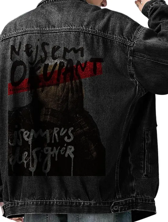 New OUKU Men's Letter Human Coat Jean Jacket Denim Jacket Breathable Comfortable Casual Sports & Outdoor Going out Weekend Buttons Print Fall & Winter Turndown Long Sleeve Black Blue