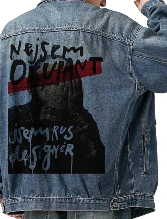 New OUKU Men's Letter Human Coat Jean Jacket Denim Jacket Breathable Comfortable Casual Sports & Outdoor Going out Weekend Buttons Print Fall & Winter Turndown Long Sleeve Black Blue