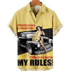 Best OUKU Men's Letter Motorcycle Pin Up Girl Shirt Summer Hawaiian Shirt Aloha Shirt Short Sleeves Shirt Turndown Vintage Tropical Fashion Street Casual Hawaiian Light Yellow Black Yellow S M L